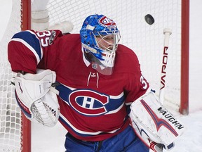 Montreal Canadiens goaltender Charlie Lindgren allows a goal to Toronto Maple Leafs forward Nazem Kadri on Nov. 18.
