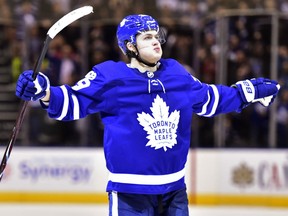 Maple Leafs centre William Nylander celebrates his game winning overtime goal against the New Jersey Devils in NHL action in Toronto on Thursday night.