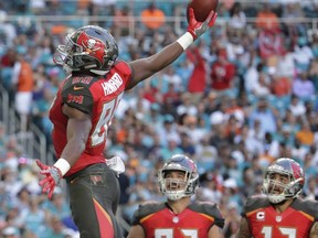 Tampa Bay Buccaneers tight end O.J. Howard (80) jumps after scoring a touchdown, during the first half of an NFL football game against the Miami Dolphins, Sunday, Nov. 19, 2017, in Miami Gardens, Fla. To the right are Tampa Bay Buccaneers tight end Antony Auclair (82) and Tampa Bay Buccaneers wide receiver Mike Evans (13). (AP Photo/Lynne Sladky)