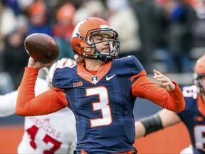 Illinois quarterback Jeff George Jr. (3) throws a pass during the first quarter of an NCAA college football game against Indiana, Saturday, Nov. 11, 2017 at Memorial Stadium in Champaign, Ill. (AP Photo/Bradley Leeb)
