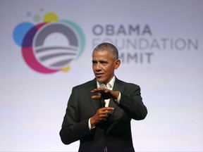 Former President Barack Obama address the crowd during the first session of the Obama Foundation Summit Tuesday, Oct. 31, 2017, in Chicago. (AP Photo/Charles Rex Arbogast)