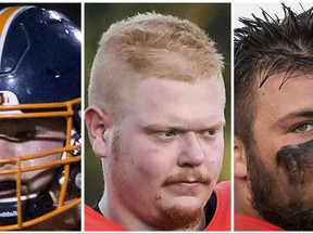 FILE - This Sept. 16, 2017 combination file photo shows Wheaton College football team players, from left, James Cooksey, Kyler Kregel, Benjamin Pettway, Noah Spielman, and Samuel TeBos at Wheaton College in Wheaton, Ill. Cooksey appeared at a Monday, Nov. 13, 2017 arraignment in DuPage County. All five are accused of duct-taping their teammate, then dumping him half-naked in a park in March 2016. Each was charged in September with aggravated battery, mob action and unlawful restraint. All five have pleaded not guilty. (Lou Foglia/Chicago Tribune via AP, File)