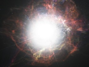 This illustration made available by the European Southern Observatory in 2014 shows shows dust surrounding a supernova explosion. On Wednesday, Nov. 8, 2017, astronomers reported that a star 500 million light-years away exploded in 1954 and apparently again in 2014. The research confounds scientists who thought they knew how dying stars ticked.