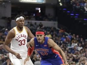 Detroit Pistons' Tobias Harris goes to the basket against Indiana Pacers' Myles Turner during the first half of an NBA basketball game, Friday, Nov. 17, 2017, in Indianapolis. (AP Photo/Darron Cummings)
