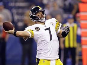 Pittsburgh Steelers quarterback Ben Roethlisberger (7) throws an interception against the Indianapolis Colts during the first half of an NFL football game in Indianapolis, Sunday, Nov. 12, 2017. (AP Photo/Michael Conroy)