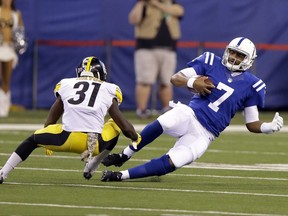 Indianapolis Colts quarterback Jacoby Brissett (7) slides to a first down in front of Pittsburgh Steelers defensive back Mike Hilton (31) during the first half of an NFL football game in Indianapolis, Sunday, Nov. 12, 2017. (AP Photo/Michael Conroy)