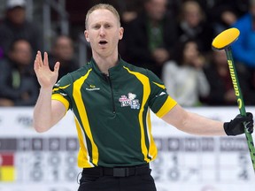 Northern Ontario skip Brad Jacobs reacts to a shot in St. John's on March 8, 2017