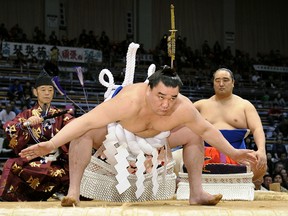 In this November, 2012, photo, Mongolian yokozuna Harumafuji performs his first ring-entering ceremony during Grand Sumo tournament in Fukuoka, southern Japan.