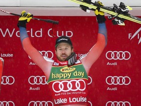 Norway's Kjetil Jansrud celebrates his victory following the men's World Cup downhill ski race at Lake Louise, Alta., Sunday, Nov. 26, 2017. THE CANADIAN PRESS/Jeff McIntosh