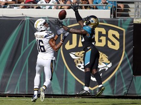 Jacksonville Jaguars safety Tashaun Gipson, right, breaks up a pass intended for Los Angeles Chargers wide receiver Tyrell Williams (16) during the first half of an NFL football game, Sunday, Nov. 12, 2017, in Jacksonville, Fla. (AP Photo/Stephen B. Morton)