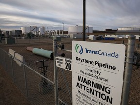 TransCanada's Keystone pipeline facilities are seen in Hardisty, Alta. TransCanada Corp. says its Keystone pipeline has leaked an estimated 795,000 litres of oil in Marshall County, S.D.