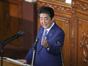 Japanese Prime Minister Shinzo Abe delivers his policy speech during a Diet session at the lower house of parliament in Tokyo, Friday, Nov. 17, 2017.   Prime Ministe Abe says the threat from North Korea is the most serious security concern his country has faced since World War II and has pledged to bolster defense measures. Outlining priorities in his policy speech in parliament Friday, Abe called North Korea's sixth nuclear test and missiles that flew over Japan earlier this year "a national crisis." (AP Photo/Koji Sasahara)