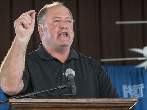 FILE  - In this Saturday, Aug. 5, 2017 file photo, Kentucky Speaker of the House Jeff Hoover speaks at the 137th annual Fancy Farm picnic in Graves County, Ky. Kentucky's House Republicans will meet privately to discuss the future of House Speaker Jeff Hoover after the state's largest newspaper reported the GOP leader settled a sexual harassment claim outside of court with a member of his staff, Thursday, Nov. 2, 2017. (Kat Russell/The Paducah Sun via AP, File)