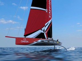 This undated concept drawing shows a radical fully foiling monohull, the AC75, for the 2021 America's Cup, created by Emirates Team New Zealand. The 75-foot boat, designed in conjunction with Challenger of Record Luna Rossa of Italy, will use twin canting T-foils to lift the hull completely out of the water in order to increase speed. The AC75 will replace the foiling catamarans used in the last two editions of sailing's marquee regatta. (Emirates Team New Zealand/Virtual Eye via AP)