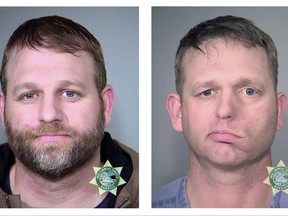 FILE - This undated, combination file photo provided by the Multnomah County, Ore., Sheriff's Office shows, from left; Nevada rancher Cliven Bundy and his sons Ammon Bundy and Ryan Bundy and co-defendant Ryan Payne. Ryan Bundy, who is serving as his own lawyer, was ordered released Monday, Nov. 13, 2017 to a halfway house for the men's trial stemming from a 2014 armed standoff against government agents in a public lands cattle grazing dispute. (Multnomah County Sheriff's Office via AP, File)