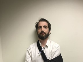 This May, 24, 2017 photo released by Gallatin County Sheriff's Office shows Guardian reporter Ben Jacobs in Bozeman, Mont. Law enforcement officials in Montana have released more than 100 pages of documents, photos and audio from their investigation into Republican House candidate Greg Gianforte who assaulted Jacobs on the eve of his election to the U.S. House. In the attack's immediate aftermath, the Republican's campaign portrayed Jacobs as the instigator. That version of events was contradicted audio from Jacobs and by a Fox News reporter who witnessed the attack. Gianforte later pleaded guilty to assault. (Gallatin County Sheriff's Office via AP)