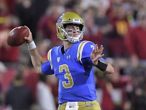 UCLA quarterback Josh Rosen passes during the first half of an NCAA college football game against Southern California, Saturday, Nov. 18, 2017, in Los Angeles. (AP Photo/Mark J. Terrill)