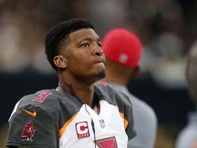 Tampa Bay Buccaneers quarterback Jameis Winston (3) watches from the sideline in the second half of an NFL football game against the New Orleans Saints in New Orleans, Sunday, Nov. 5, 2017. (AP Photo/Butch Dill)