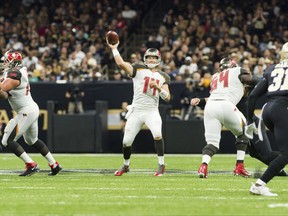 Buccaneers quarterback Ryan Fitzpatrick throws a pass as The New Orleans Saints take on The Tampa Bay Buccaneers in an NFL football game Sunday, Nov. 5, 2017 in Lafayette, La. (Scott Clause/The Daily Advertiser via AP)