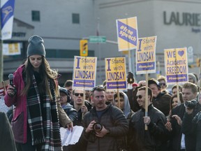 Wilfrid Laurier teaching assistant Lindsay Shepherd finishes speaking at a rally in support of academic freedom near the university in Waterloo, Ont., on Nov. 24, 2017.