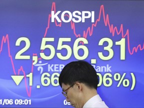 A currency trader walks by the screen showing the Korea Composite Stock Price Index (KOSPI) at the foreign exchange dealing room in Seoul, South Korea, Monday, Nov. 6, 2017.  Asian markets slipped on Monday as weaker-than-expected U.S. jobs figures dented sentiment. Investors were also keeping an eye on President Donald Trump's visit to Asia, where he is expected to discuss North Korean nuclear issues with leaders in the region.(AP Photo/Lee Jin-man)