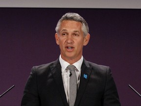 FILE- In this Tuesday, April 24, 2012, file photo, former Engalnd soccer player Gary Lineker speaks ahead of the draw for the London 2012 Olympic Soccer tournament, at Wembley Stadium in London. FIFA has announced Friday Nov. 17, 2017, that Lineker and Russian sports journalist Maria Komandnaya will jointly present the World Cup draw in Moscow on Dec. 1. (AP Photo/Kirsty Wigglesworth, FILE)