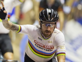 FILE - In this Sunday, Nov. 20, 2016 file photo, former Tour de France winner and Olympic Gold medalist Britain's Bradley Wiggins greets spectators prior to competing in the six day race at the Kuipke velodrome in Ghent, Belgium. Britain's anti-doping agency says Wednesday Nov. 15, 2017, it won't bring any charges over the medical package dispatched to star Team Sky rider Bradley Wiggins after the investigation was hampered by the lack of accurate records held by cycling authorities. (AP Photo/Peter Dejong, File)