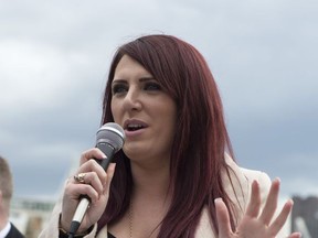 FILE - This is a March 1, 2017 file photo of deputy leader of far-right group Britain First Jayda Fransen. British opposition politicians are demanding the government revoke an invitation to U.S. President Donald Trump after he retweeted videos posted by Jayda Fransen deputy leader  of extreme far-right group Britain First. On Wednesday Nov. 29, 2017m Trump retweeted three videos from the account of the group's deputy leader, Jayda Fransen, purporting to show violence by Muslims. (Ben Stevens/PA File via AP)
