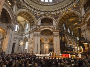 General view during a memorial service for Michael Bond, the author of the Paddington Bear stories, at St Paul's Cathedral in London, Tuesday Nov. 14, 2017.  Bond penned more than 200 books about Paddington Bear before his death in June 2017, aged 91, following a short illness. (Dominic Lipinski/PA via AP)