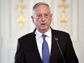 US Secretary of Defense James Mattis attends a press conference with President of Finland Sauli Niinisto in Helsinki, Finland, Monday Nov. 6, 2017. Heading into a week of meetings with Nordic countries and allies across Europe, Mattis must begin to articulate what has been a murky American policy on how the future of Syria unfolds. (Heikki Saukkomaa/Lehtikuva via AP)