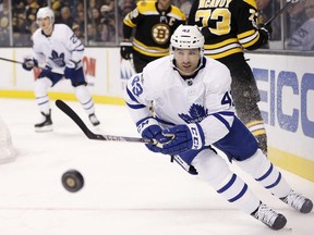 Toronto Maple Leafs forwatd Nazem Kadri chases the puck against the Boston Bruins on Nov. 11.