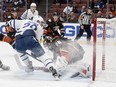 Toronto Maple Leafs' Connor Brown scores past Ducks goalie John Gibson during the first period of their game Wednesday night in Anaheim, Calif.
