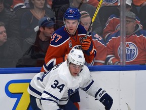 Two of the NHL's top young stars in the Oilers' Connor McDavid and the Maple Leafs' Auston Matthews (34) will clash at Rogers Place in Edmonton on Thursday night. (Ed Kaiser/Postmedia Network)