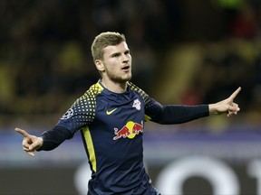 Leipzig's Timo Werner reacts after scoring during their Champions League Group G soccer match between Monaco and Leipzig at the Louis II stadium in Monaco, Tuesday Nov. 21, 2017. (AP Photo/Claude Paris)