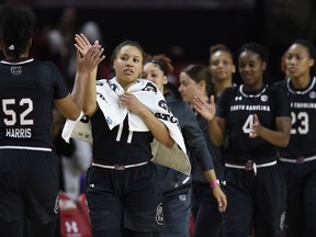 South Carolina's Lindsey Spann, (11), congratulates Tyasha Harris at the end of the first half of an NCAA basketball game against Maryland, Monday, Nov. 13, 2017, in College Park, Md. (AP Photo/Gail Burton)