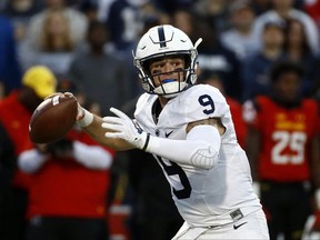 Penn State quarterback Trace McSorley throws to a receiver in the first half of an NCAA college football game against Maryland in College Park, Md., Saturday, Nov. 25, 2017. (AP Photo/Patrick Semansky)