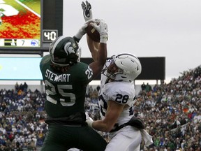 Michigan State receiver Darrell Stewart (25) catches a pass for a 7-yard touchdown against Penn State's Troy Apke (28) during the first half of an NCAA college football game, Saturday, Nov. 4, 2017, in East Lansing, Mich. (AP Photo/Al Goldis)