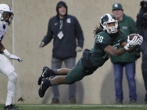 Michigan State wide receiver Felton Davis III (18), defended by Penn State cornerback Christian Campbell (1), catches a 33-yard pass and falls into the end zone for a touchdown during the second half of an NCAA college football game, Saturday, Nov. 4, 2017, in East Lansing, Mich. (AP Photo/Carlos Osorio)