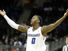 Creighton's Marcus Foster celebrates after a basket during the first half of an NCAA college basketball game against Baylor in the Hall of Fame Classic, Tuesday, Nov. 21, 2017, in Kansas City, Mo. (AP Photo/Charlie Riedel)