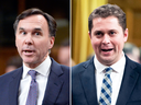 Finance Minister Bill Morneau, left, and Conservative Leader Andrew Scheer spar during question period on Wednesday.
