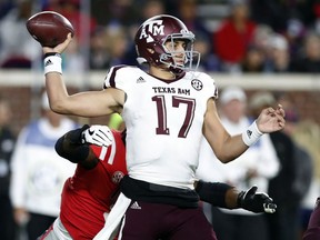 Texas A&M quarterback Nick Starkel (17) throws during the first half of an NCAA college football game against Mississippi in Oxford, Miss., Saturday, Nov. 18, 2017. (AP Photo/Rogelio V. Solis)