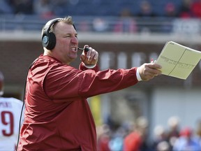 Arkansas head coach Bret Bielema reacts during the first half of an NCAA college football game against Mississippi in Oxford, Miss., Saturday, Oct. 28, 2017. (AP Photo/Thomas Graning)