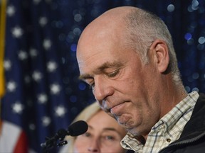 FILE - In this May 25, 2017, file photo, Greg Gianforte celebrates his win over Rob Quist for Montana's open congressional seat in Bozeman, Mont. An attorney for a reporter assaulted by Gianforte on the eve of his election says the lawmaker's spokesman lied when he said "no one was misled" by the Republican's initial denial of responsibility. The attorney for Guardian reporter Ben Jacobs sent a cease and desist letter on Monday, Nov. 27, 2017, telling Gianforte and his staff to stop making "false and defamatory statements" about Jacobs. (Rachel Leathe/Bozeman Daily Chronicle via AP, File)