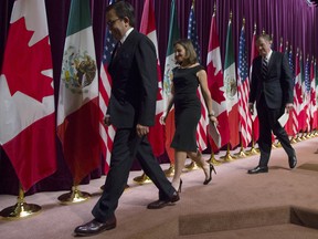 Ildefonso Guajardo Villarreal, Mexico's secretary of economy, from left, Chrystia Freeland, Canada's minister of foreign affairs, and Bob Lighthizer, U.S. trade representative, walk off stage after a press conference on third round of NAFTA negotiations in Ottawa, Ontario, Canada.