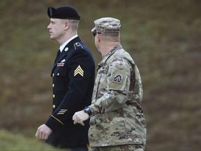 Army Sgt. Bowe Bergdahl arrives at the Fort Bragg courtroom facility for a sentencing hearing on Tuesday, Oct. 31, 2017, on Fort Bragg, N.C. Bergdahl, who walked off his base in Afghanistan in 2009 and was held by the Taliban for five years, pleaded guilty to desertion and misbehavior before the enemy.  (Andrew Craft/The Fayetteville Observer via AP)