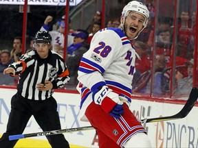 New York Rangers' Paul Carey (28) celebrates his goal during the first period of an NHL hockey game against the Carolina Hurricanes, Wednesday, Nov. 22, 2017, in Raleigh, N.C. (AP Photo/Karl B DeBlaker)