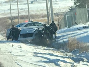 A crash in Nisku on Monday, Nov. 6, 2017 that ended with five naked people in police custody began with a kidnapping, RCMP said Tuesday.