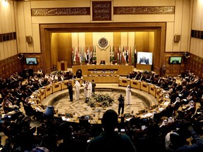 Arab Foreign Ministers meet at the Arab League headquarters in Cairo, Egypt, Sunday, Nov. 19, 2017. Saudi Arabia is asking fellow Arab nations to take a "serious and honest" stand against Iran, saying that showing leniency toward Tehran will only encourage it to press on with its "aggression" and "meddling" in the internal affairs of Arab countries. (AP Photo/Nariman El-Mofty)