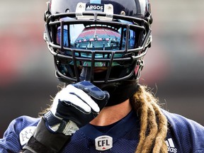 Toronto Argonauts linebacker Bear Woods takes part in a drill during practice ahead of the105th Grey Cup championship football game against the Calgary Stampeders in Ottawa on Friday, November 24, 2017. THE CANADIAN PRESS/Nathan Denette