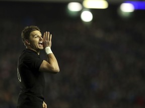 New Zealand's Beauden Barrett gives instructions to his teammates during the international rugby match at Murrayfield, Edinburgh, Scotland, Saturday Nov. 18, 2017. (AP Photo/Scott Heppell)